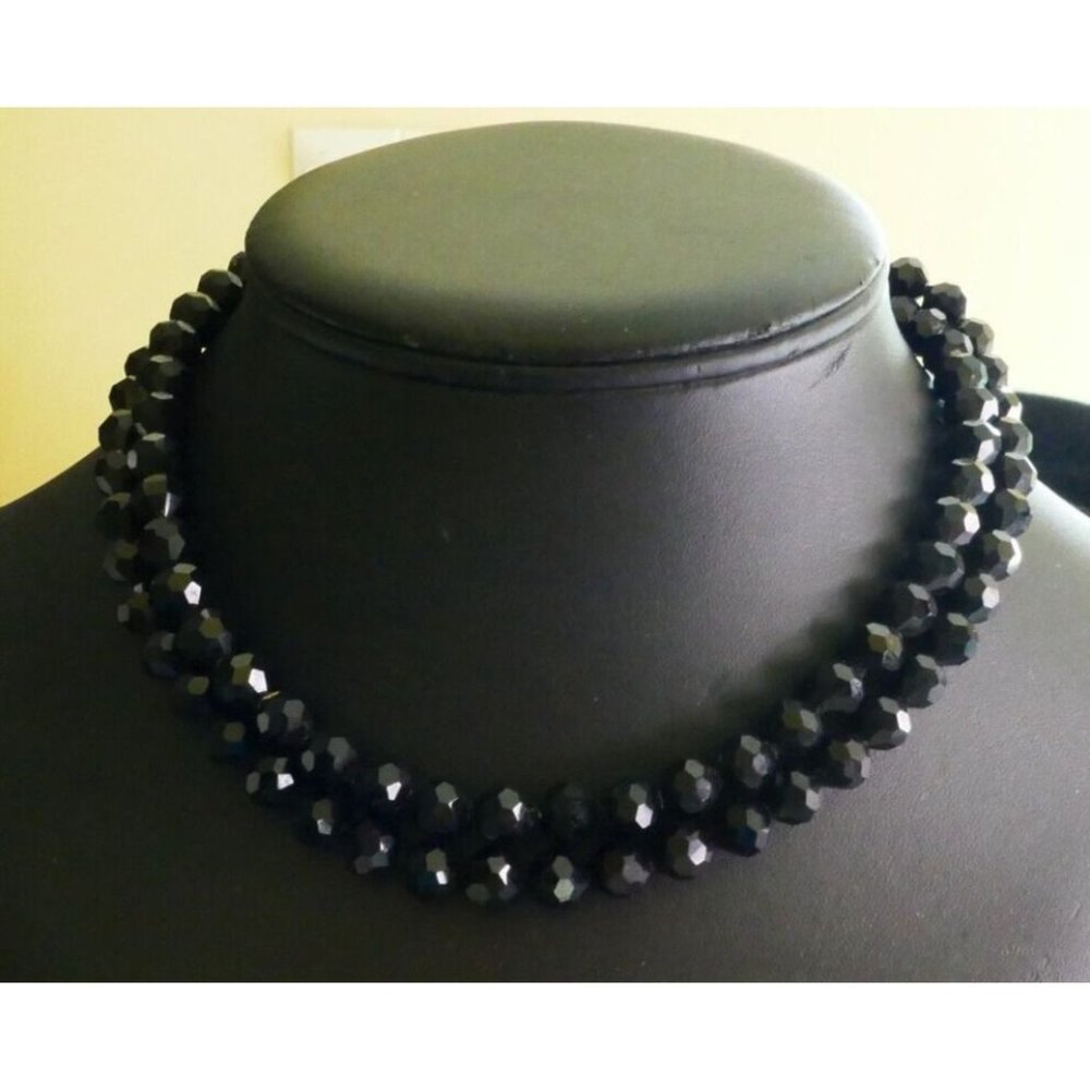 Vintage Classy Double Strand Black Glass Faceted Beaded Necklace